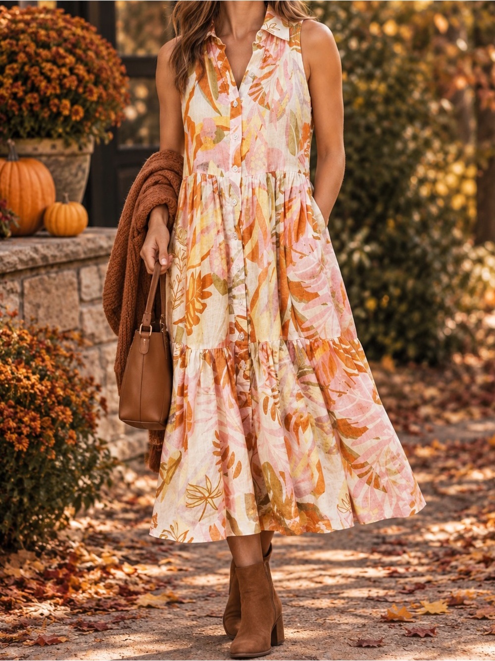 Nicole Miller New York Tropical Botanical Tiered Shirt Dress Sleeveless
